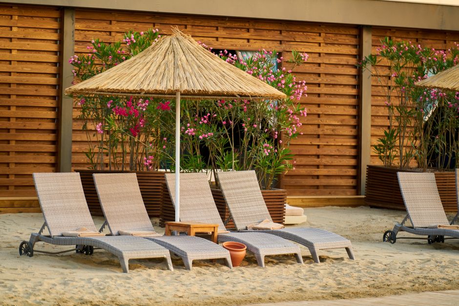 Five lounge chairs with a straw umbrella on sandy beach.