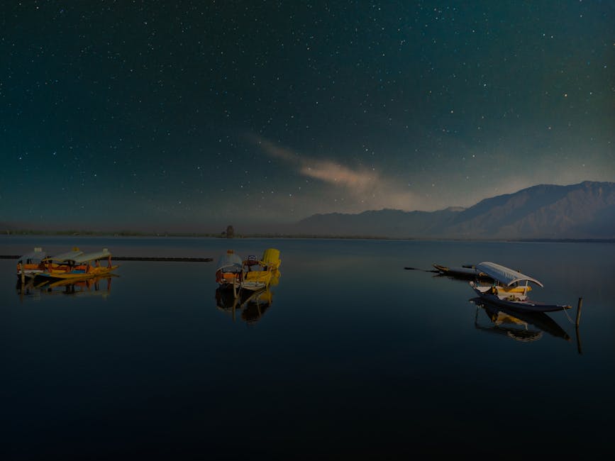 Peaceful night view of Dal Lake with shikara boats and starry sky in Srinagar, India.