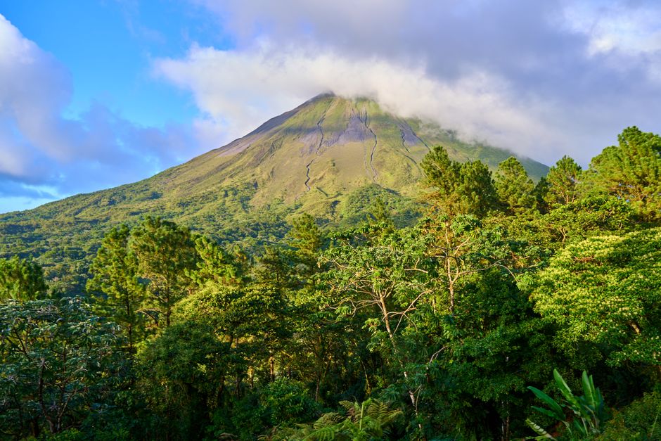 Lush green forest with a prominent volcanic mountain under a blue sky with clouds.