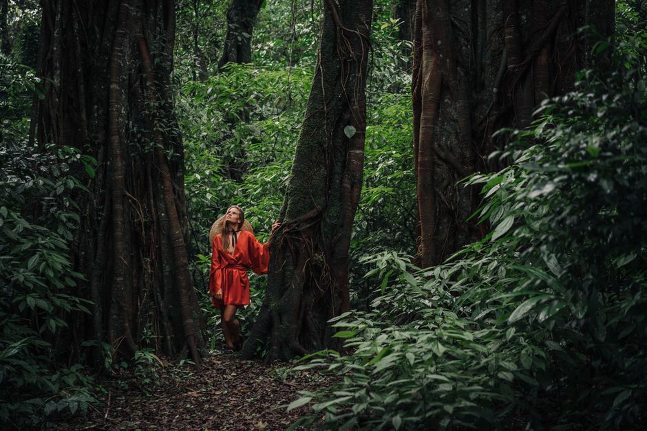 Woman standing amidst towering trees in a lush green forest, wearing a striking red dress.