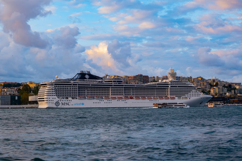 Large cruise ship navigating Istanbul's Bosphorus with cityscape backdrop during day.