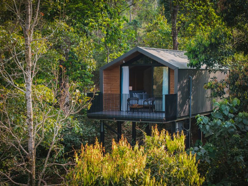 Cozy treehouse nestled among vibrant forest foliage, perfect for a serene getaway.