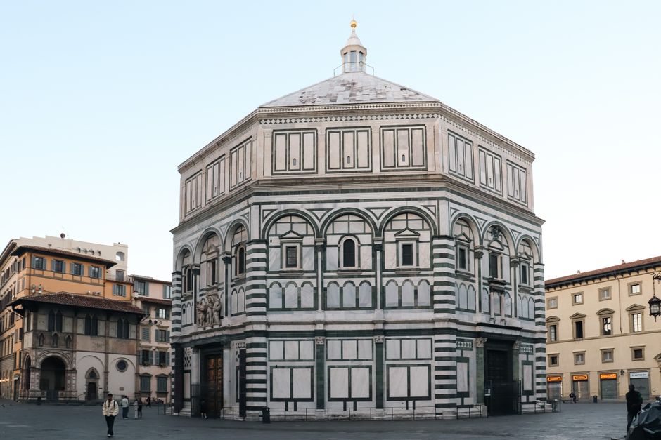 The iconic Florence Baptistery with its famous architectural style in Tuscany, Italy.