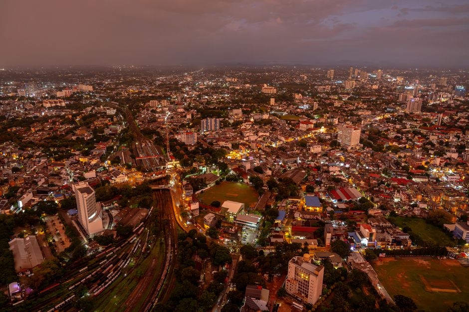 Stunning aerial view of Colombo, Sri Lanka during twilight from the Lotus Tower.